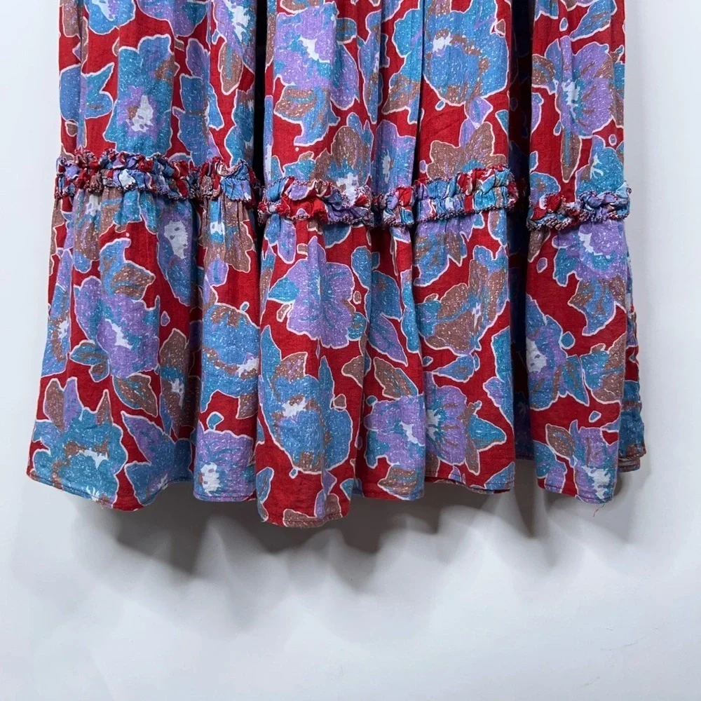Love the Label Red Blue Floral Midi Dress Square Neck Smocked Tiered Cotton - Picture 5 of 11